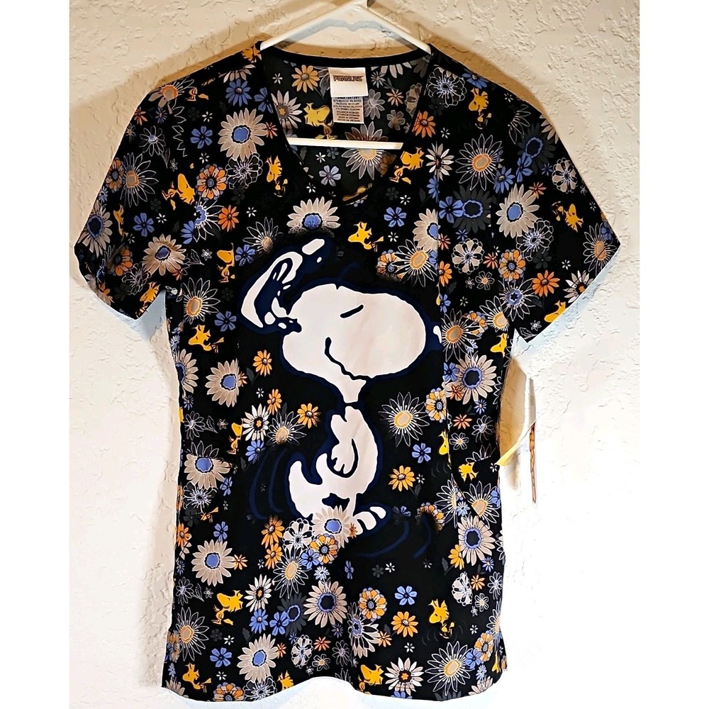 Peanuts Snoopy Floral Scrub Top Women's XS Black Blue Yellow Polyester/Spandex